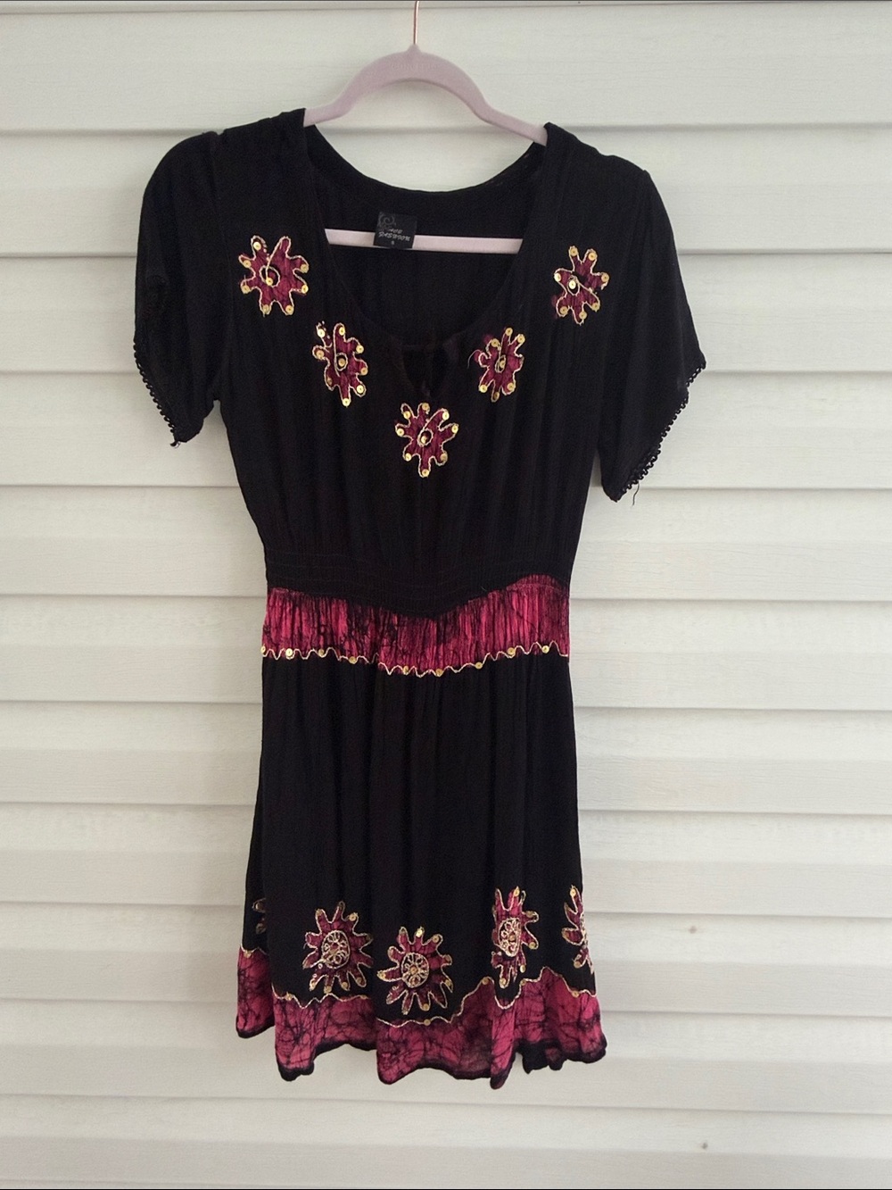 Ace Fashion Black Pink Embroidered Mini Dress S Boho Whimsigoth Boho Hippie
